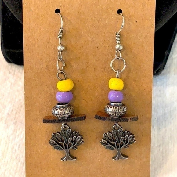 💐5/25 tree of life charm leather crystal bead dangle drop earrings - Picture 1 of 8